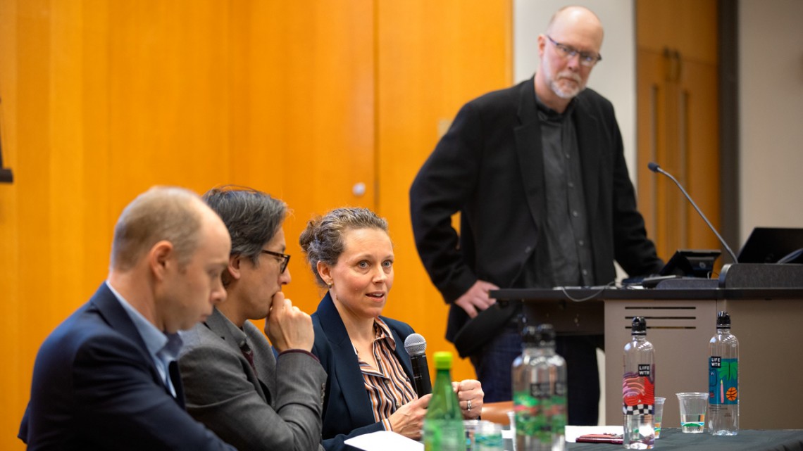 From left, Jeremy Wallace, associate professor of government; Derek Chang, associate professor of history; Gen Meredith, associate director of the Cornell Master of Public Health Program; and Allen Carlson, director of CAPS, at a panel discussion on the c