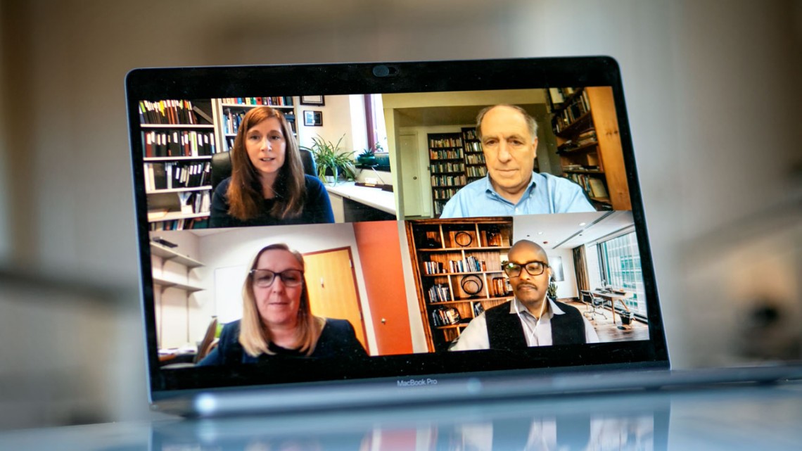 A collage of faculty on a Zoom screen: Clockwise from top left: Cynthia Leifer, Gary Koretzky, Avery August and Deborah Fowell.