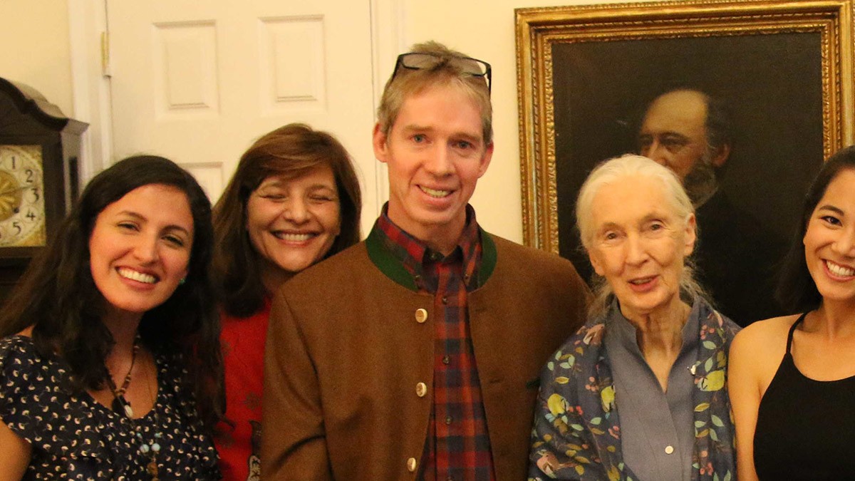 Robin Radcliffe with students and Jane Goodall