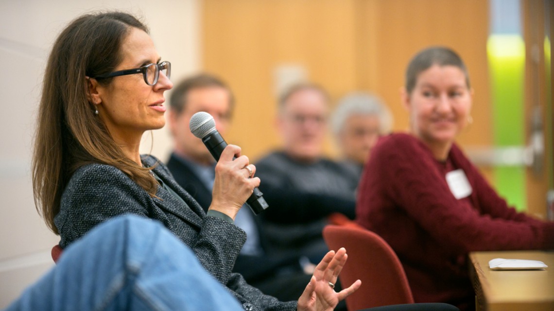 Claudia Fischbach, associate professor of biomedical engineering, speaks during the inaugural Cornell Cancer Research Symposium.