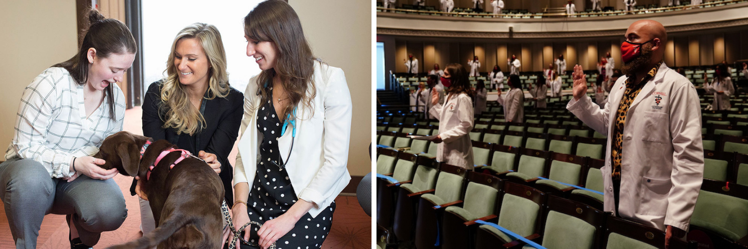 On the left, three veterinary students pet a dog; on the right, a masked student takes the Veterinarian's Oath