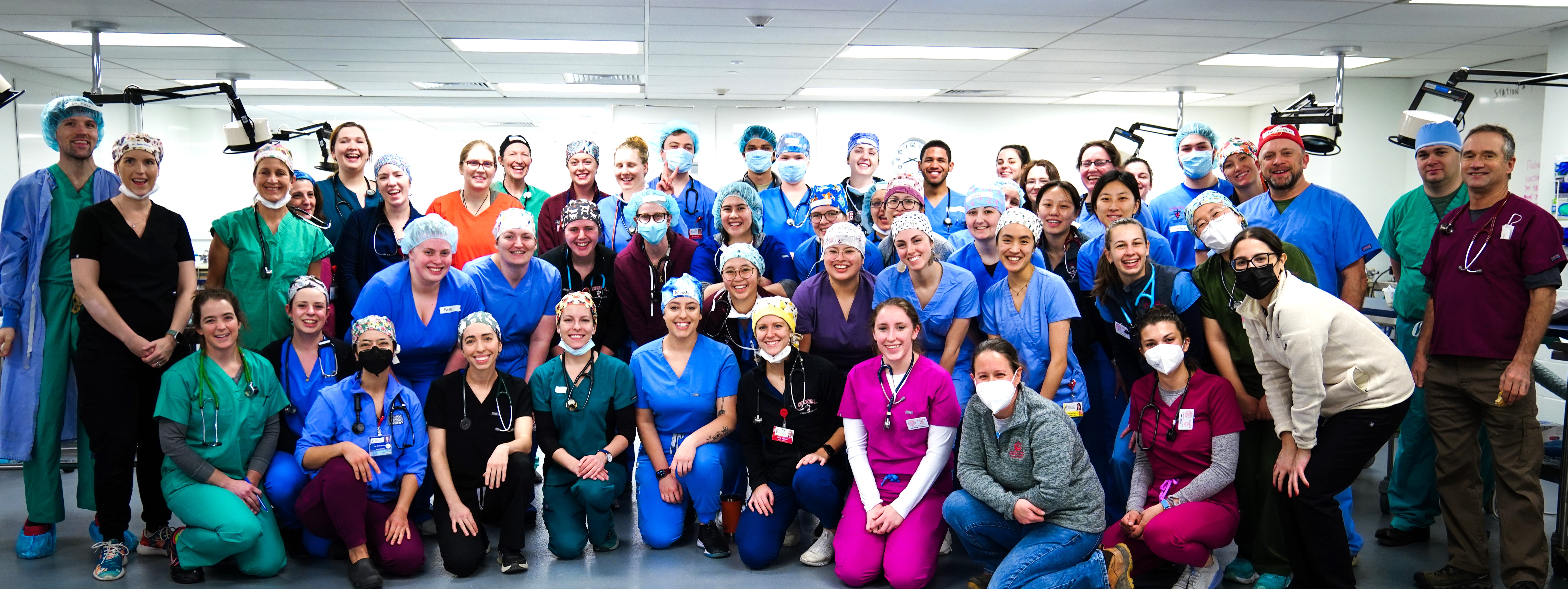 A group photo of DVM students and faculty in scrubs 