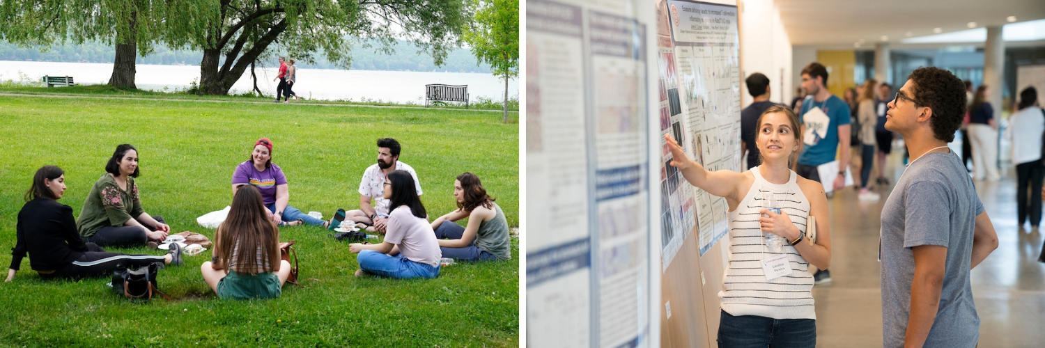 On the left, a circle of six graduate students seated in green grass; on the right, a female student explains a poster at CVM