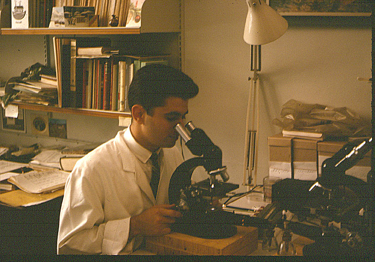 Jerrold Ward as a student in a lab coat and looking through a microscope, studying leukemia