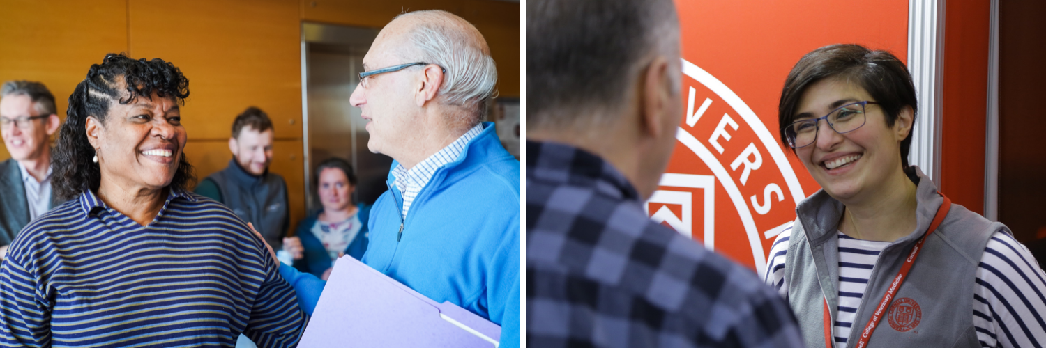 On the left, two faculty members smile and discuss; on the right, a clinician speaks with a member of the public