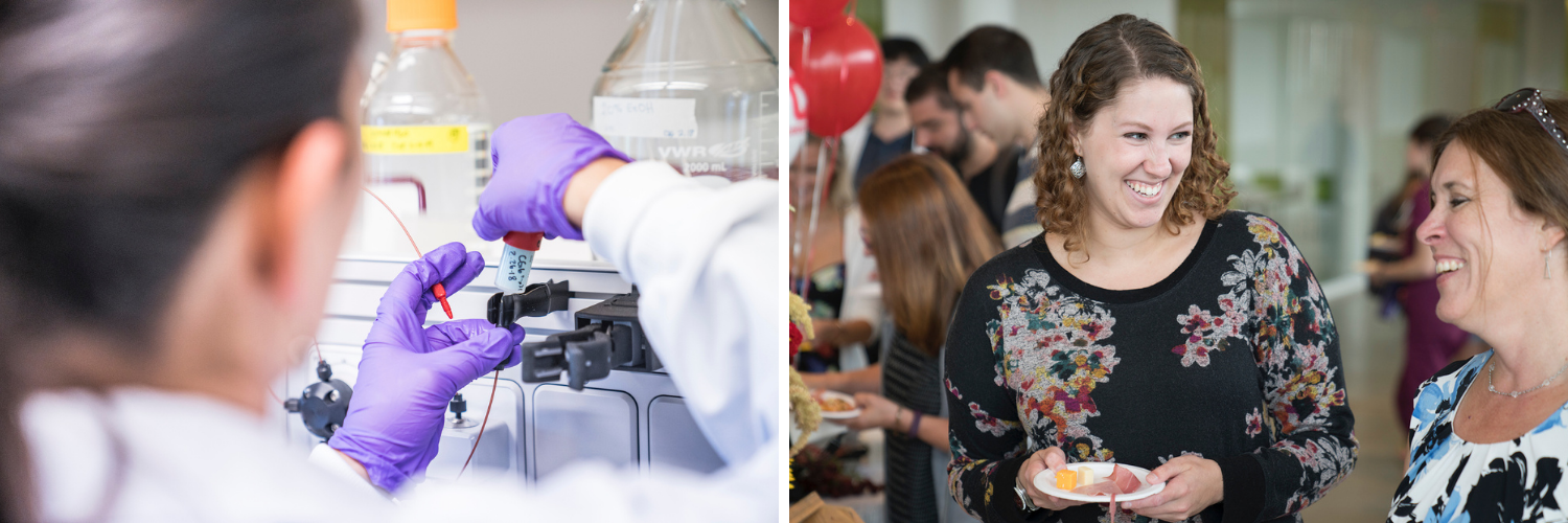 On the left, a gloved person handles a sample; on the right, two female staff members laugh at an event at CVM