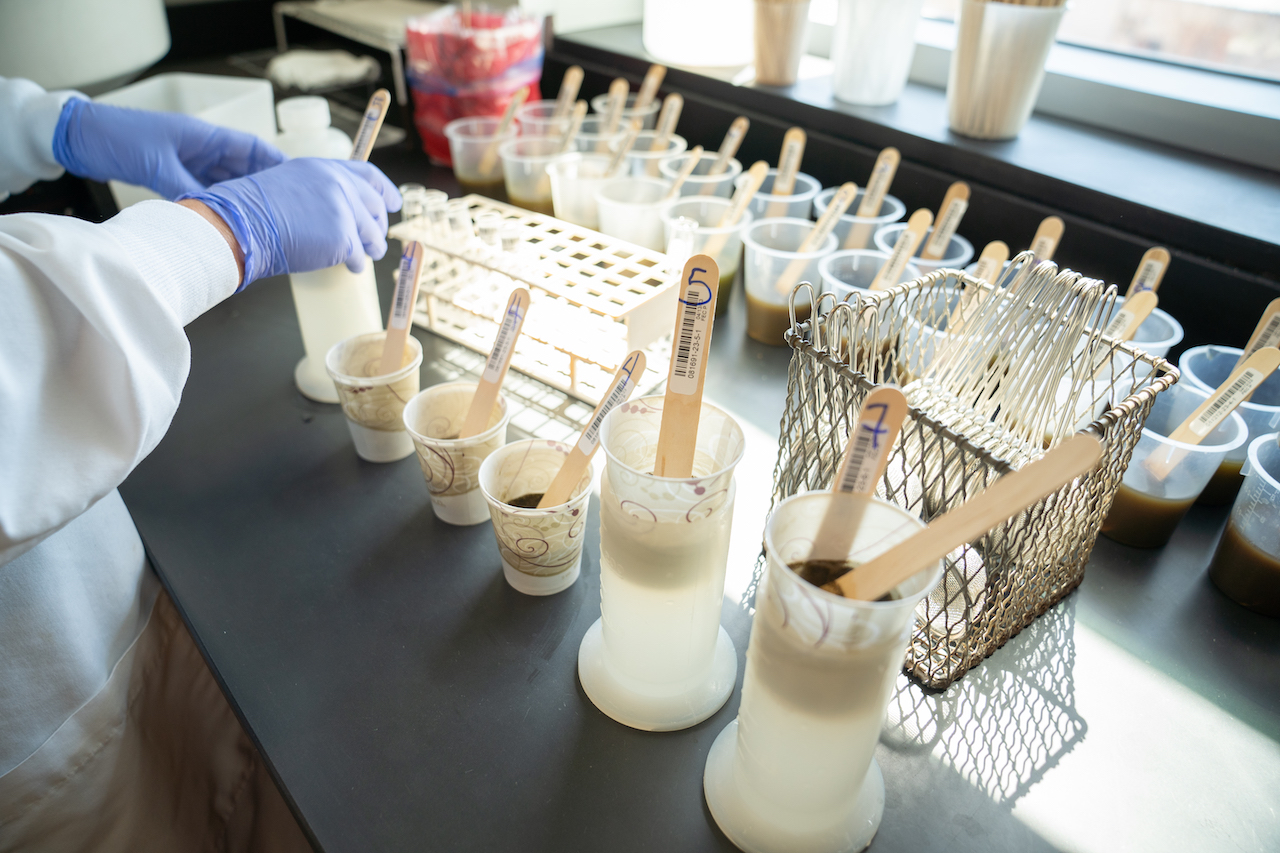 A table full of samples in cups at the Animal Health Diagnostic Lab