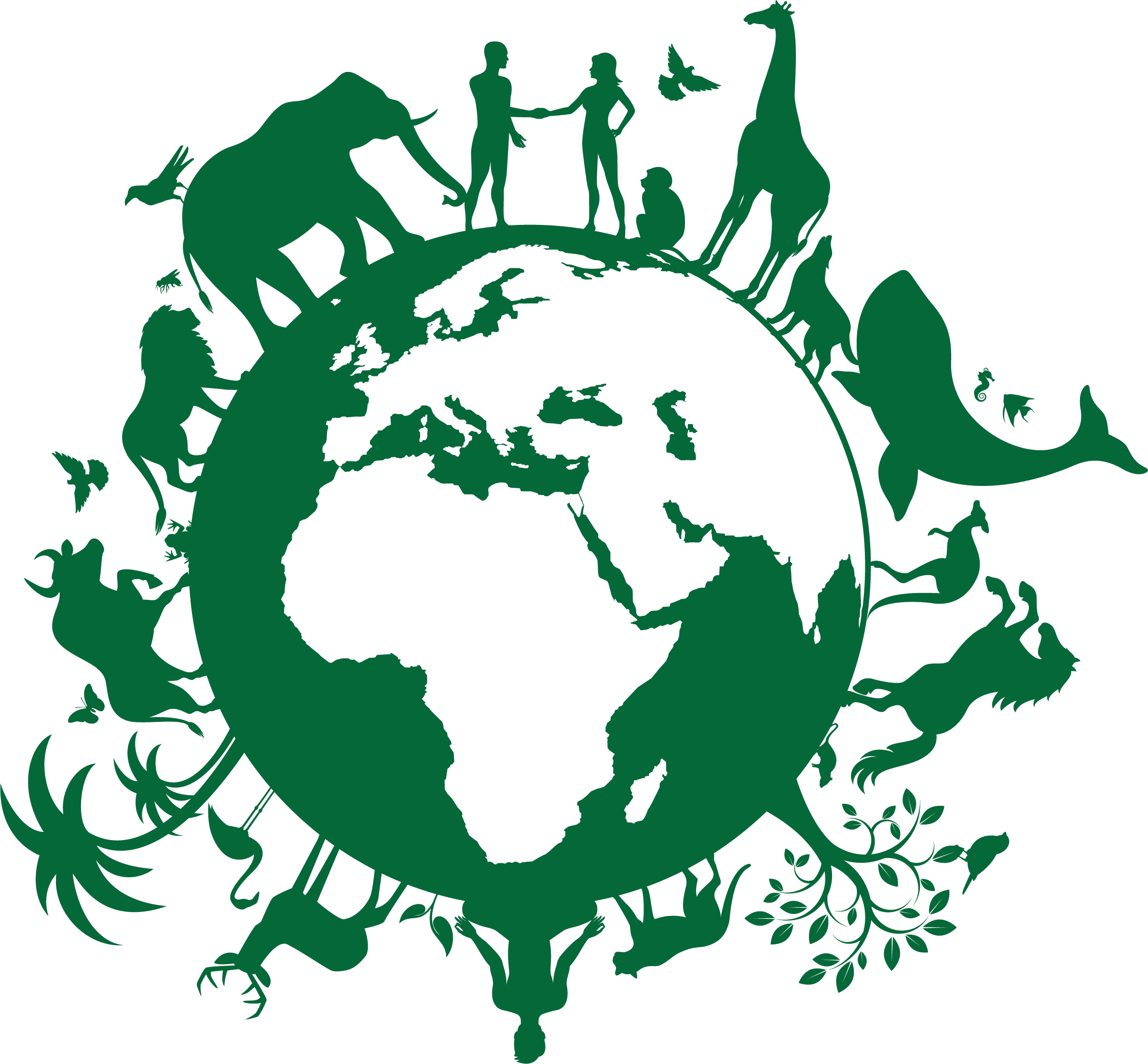 Drawing of plants, animals, and people in a circle around the globe