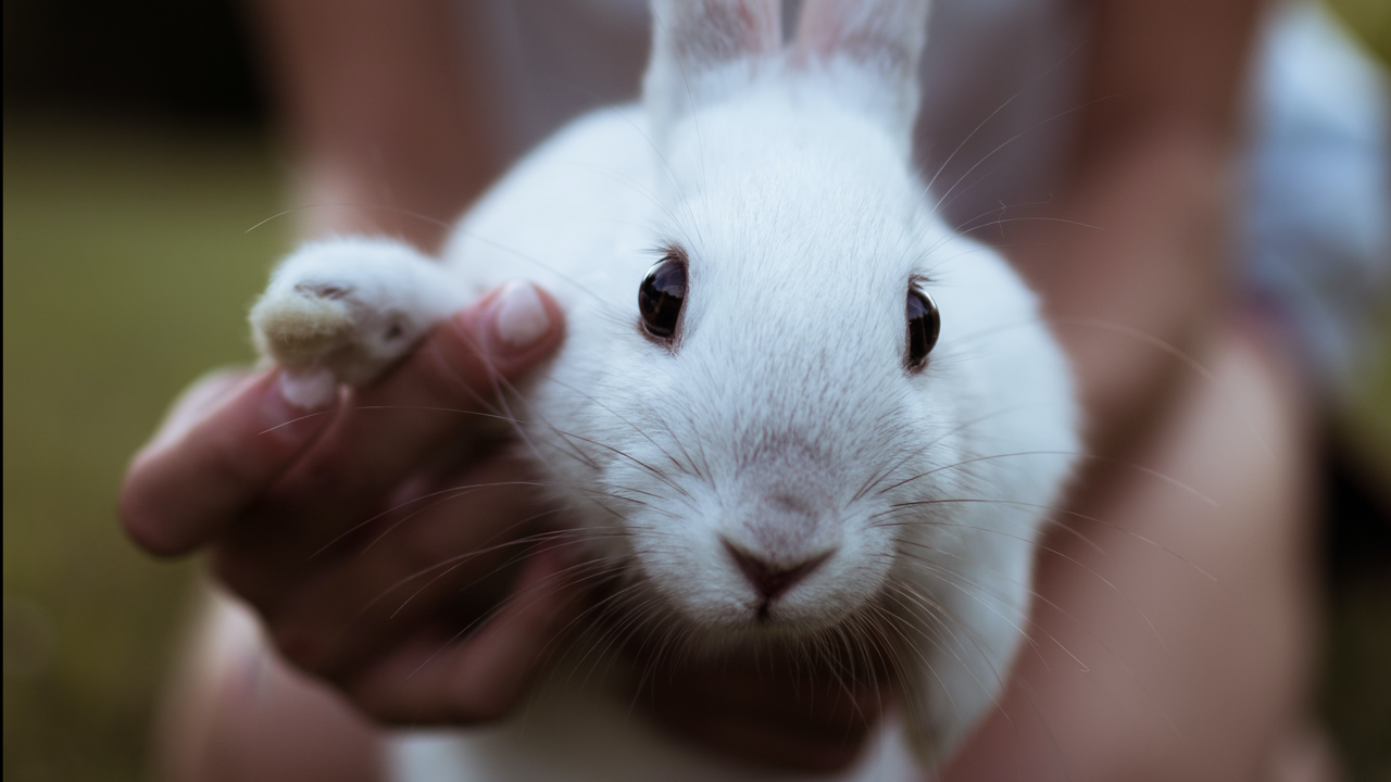 A girl's hand holds a white bunny