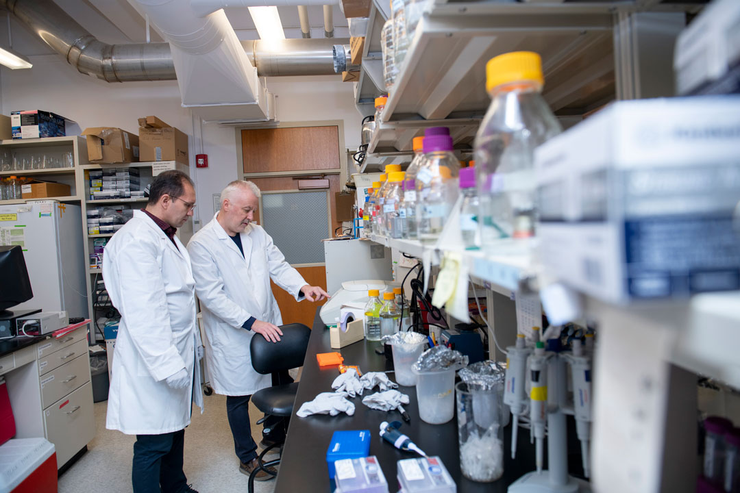 Two men in lab coats in a diagnostic lab examining the facilities