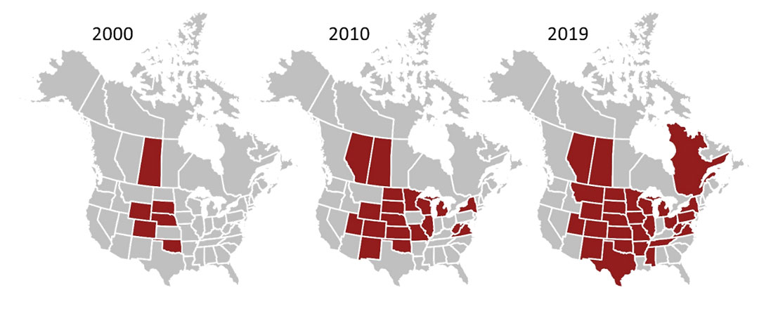 Prior to 2000, chronic wasting disease was found in wild cervids in only four states and captive cervids in one state and one province. By 2002, CWD moved east of the Mississippi River to Wisconsin. Since that time, it has been found in 26 states and four Canadian provinces (Toronto Zoo, Ontario not shown).