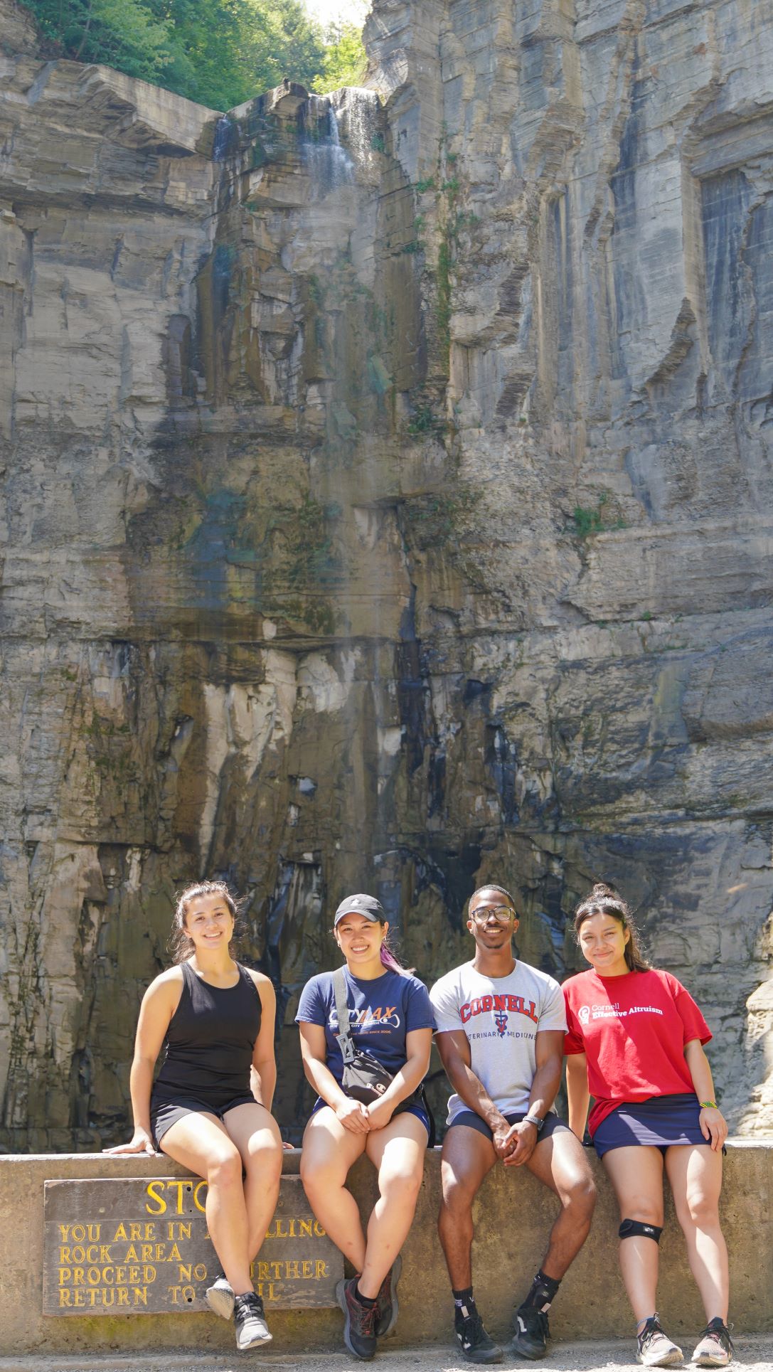 students pose in front of waterfall