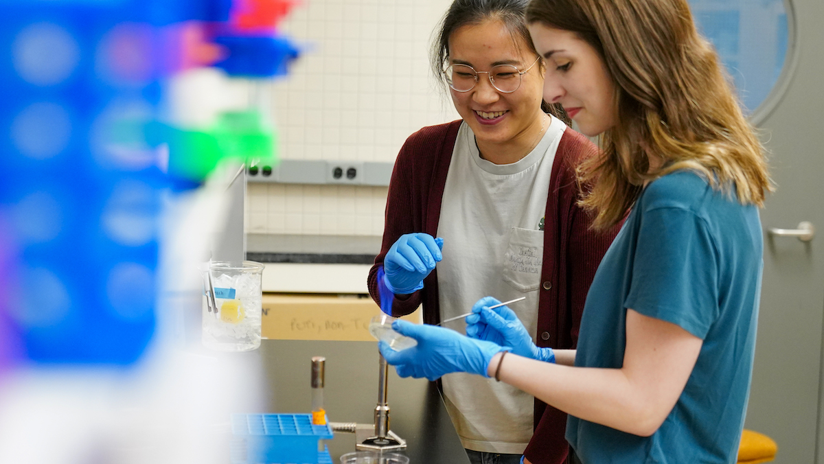 Two members of Dr. Pamela Chang's lab at the bench
