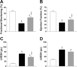 Graphs demonstrating Forebrain-targeted overexpression of Cu/ZnSOD improves LV function following MI.