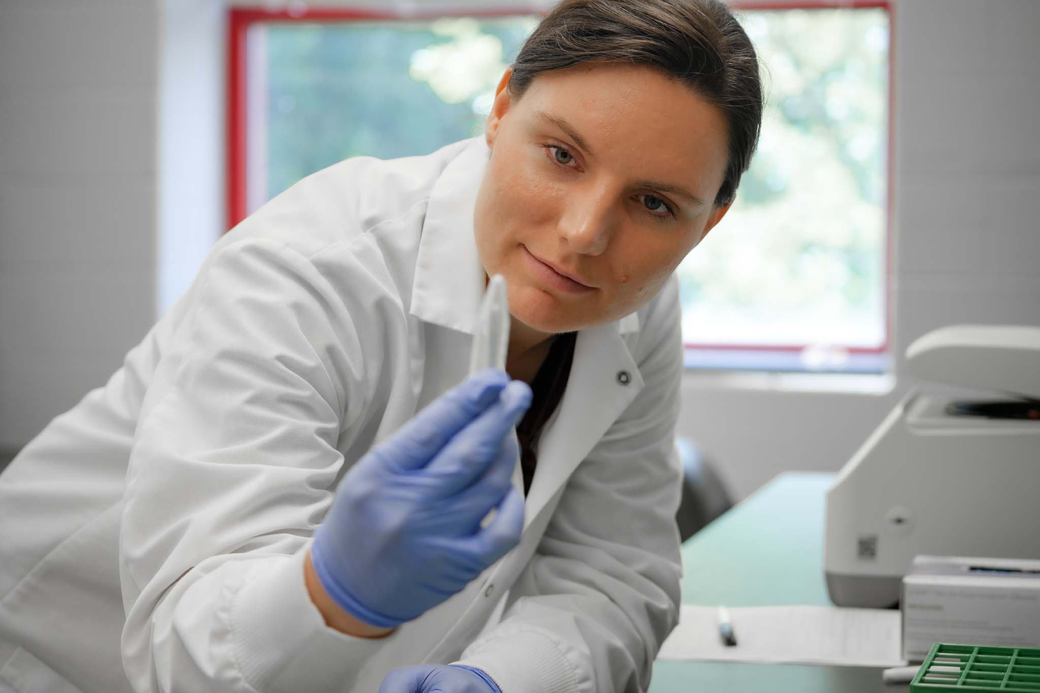 Dr. Jacquelyn Evans reviews the results of an experiment in her lab.