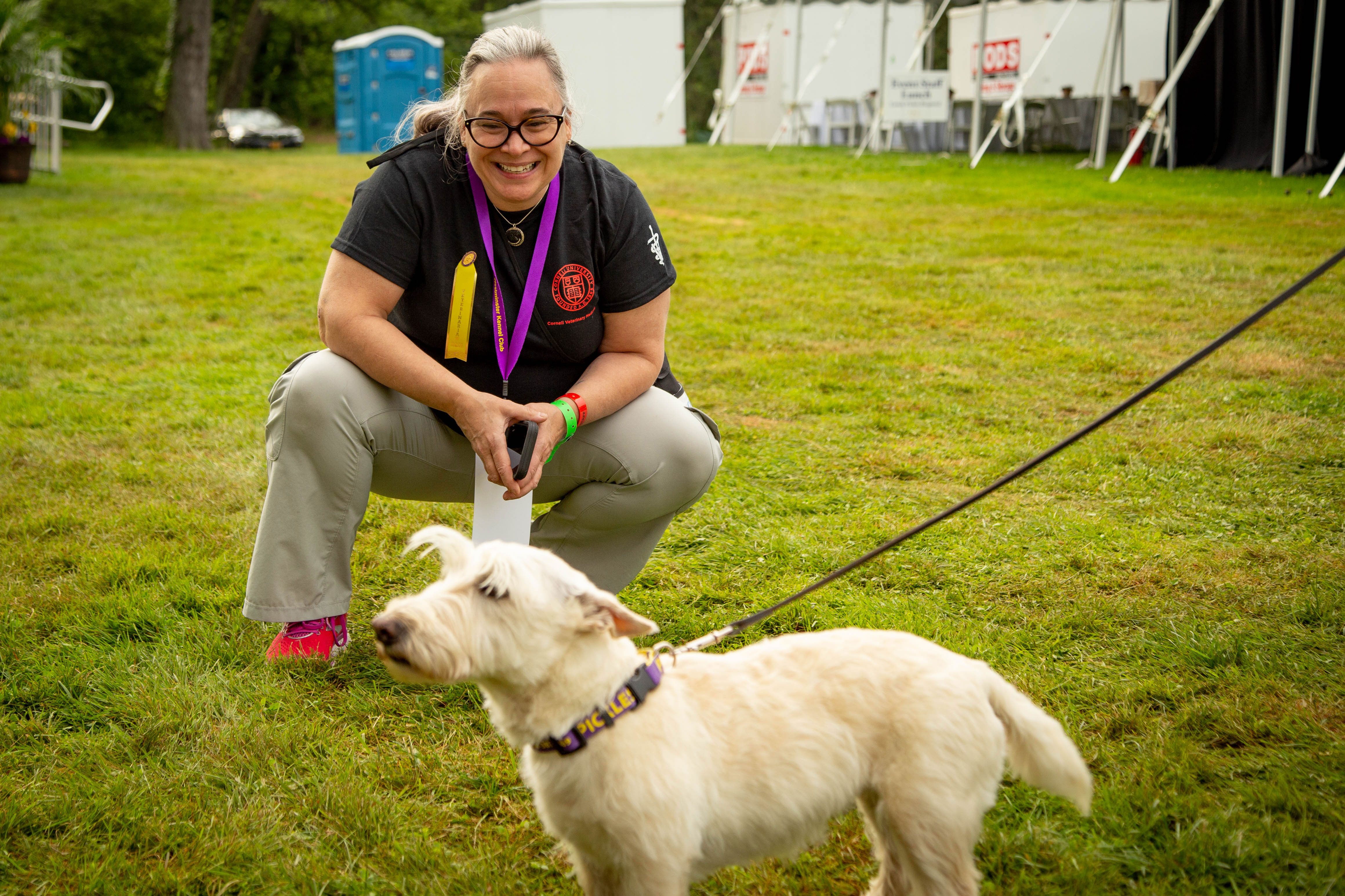 a woman kneeling in background to look at a dog in the foreground