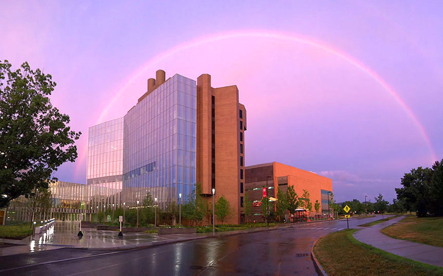 A wide exterior shot of CVM, with a purple and pink sky showcasing a rainbow over the buildings