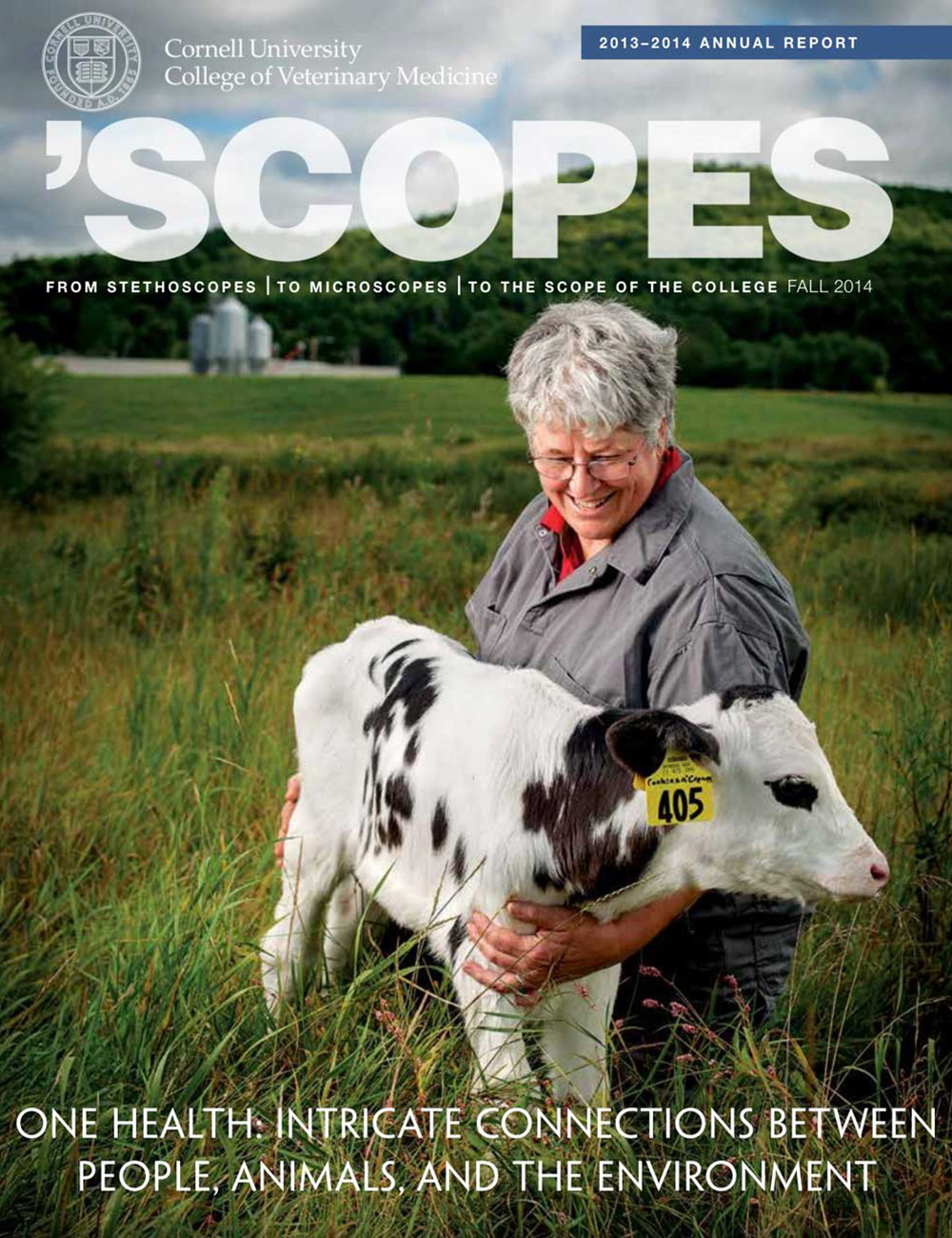 Scopes cover for the 2013-2014 annual report featuring a veterinarian and a dairy calf.