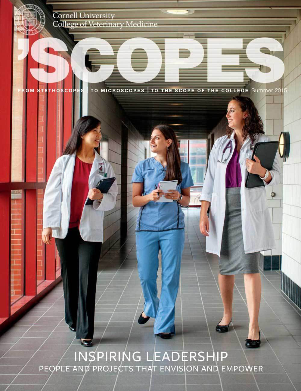 'Scopes summer 2015 cover featuring three students walking down a hallway