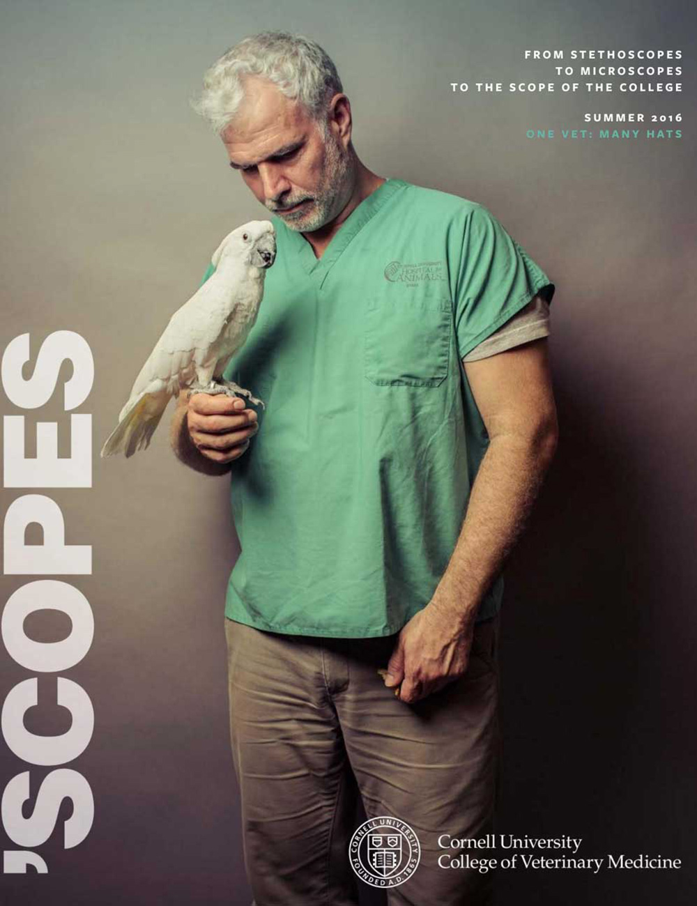 'Scopes summer 2016 cover featuring veterinarian with a cockatoo