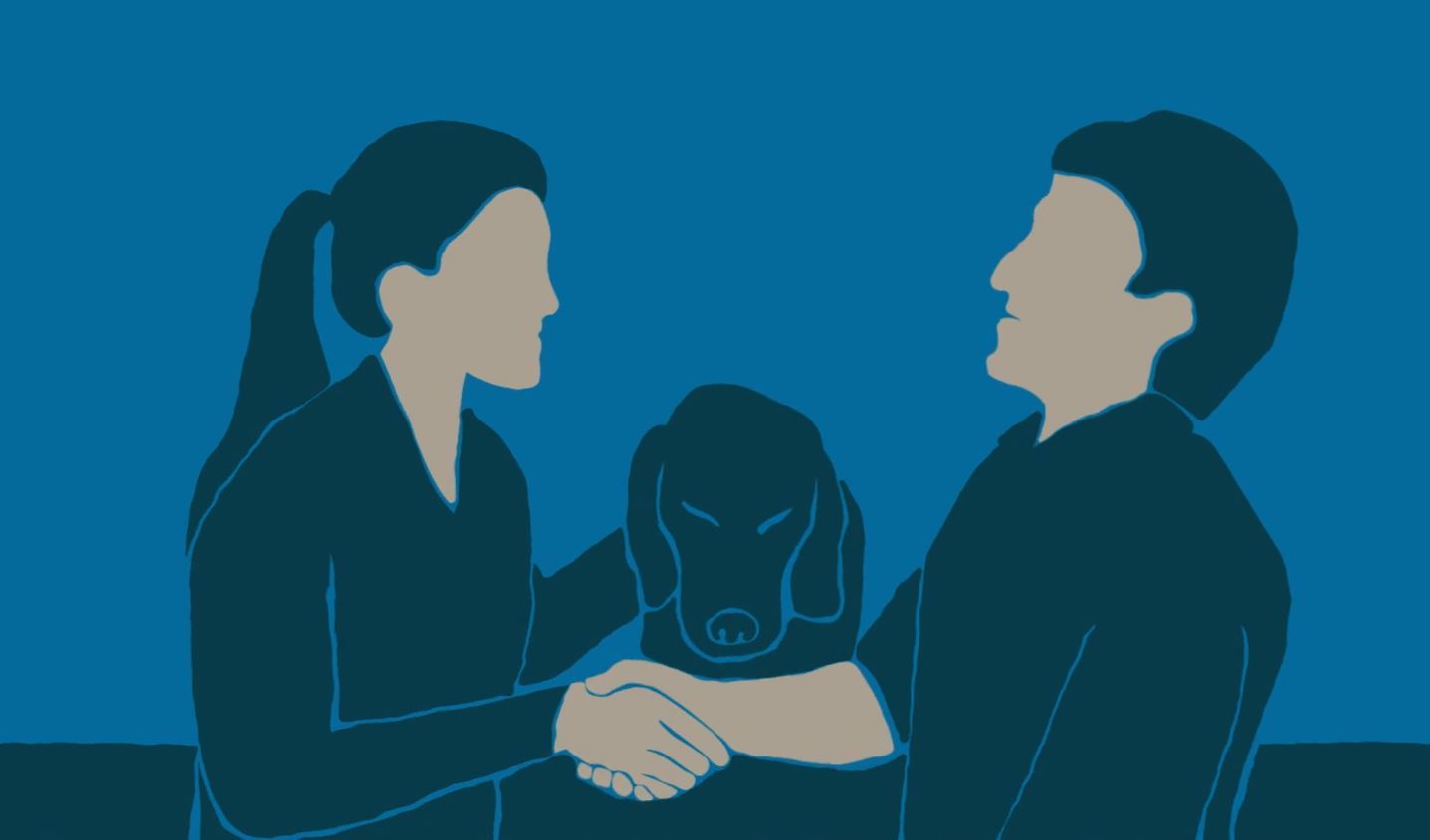 a graphic illustration of two veterinarians shaking hands with a dog between them.