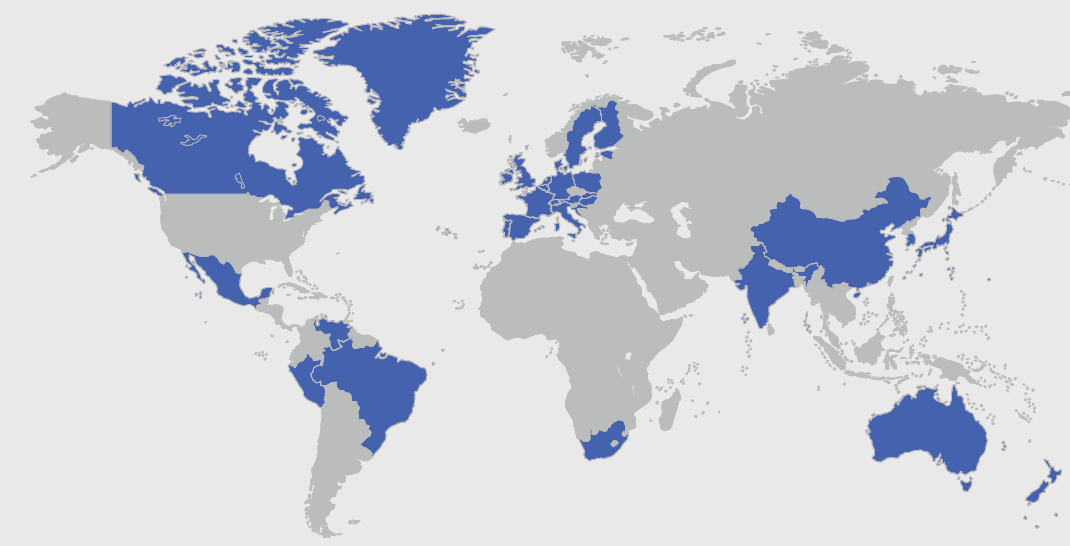 A world map graphic with multiple countries highlighted in blue indicating where international students have traveled from.