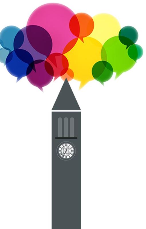 graphic of cornell clocktower with multicolored speech bubbles surrounding it