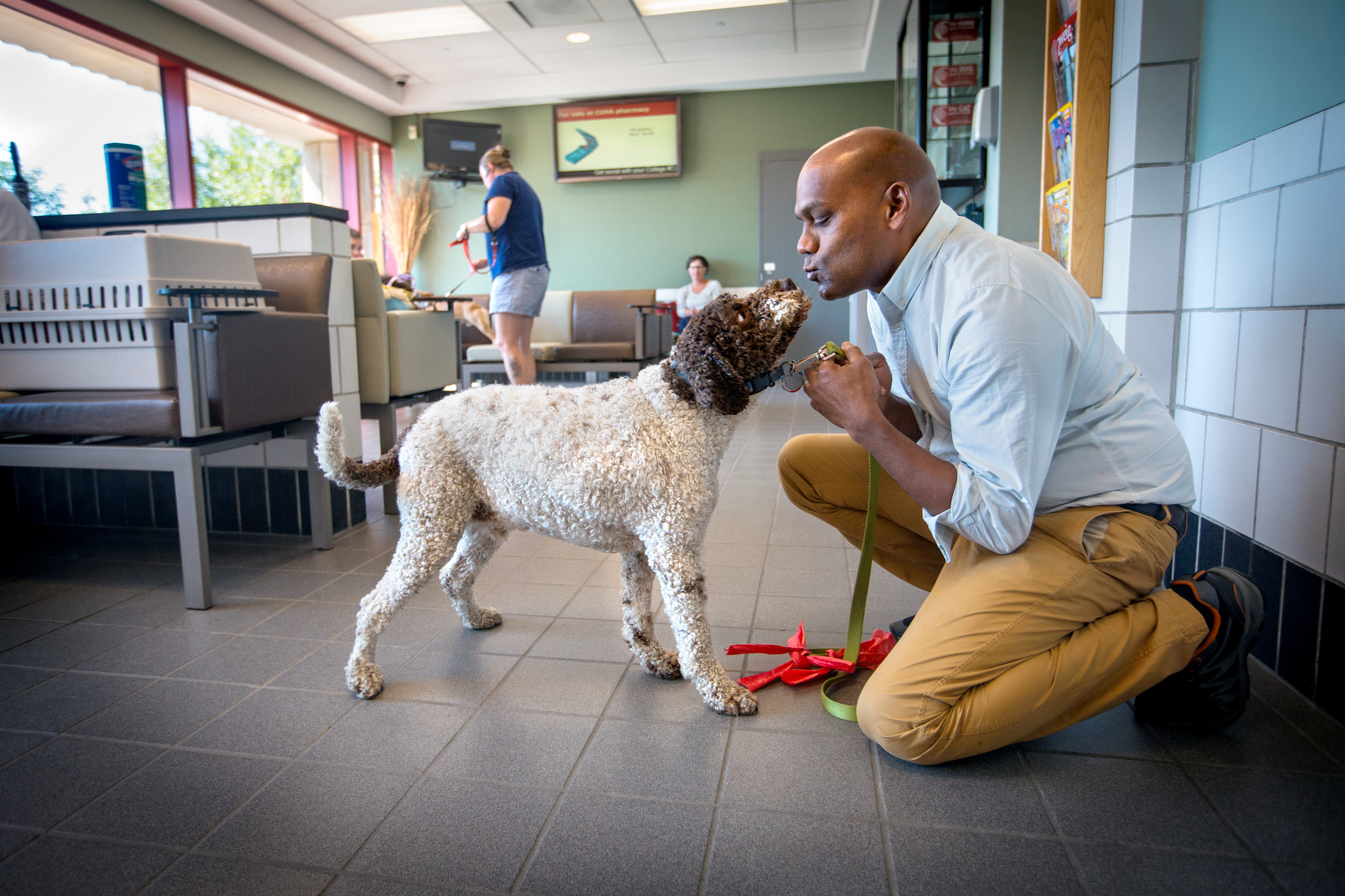 man kneeling down and looking in to his dog