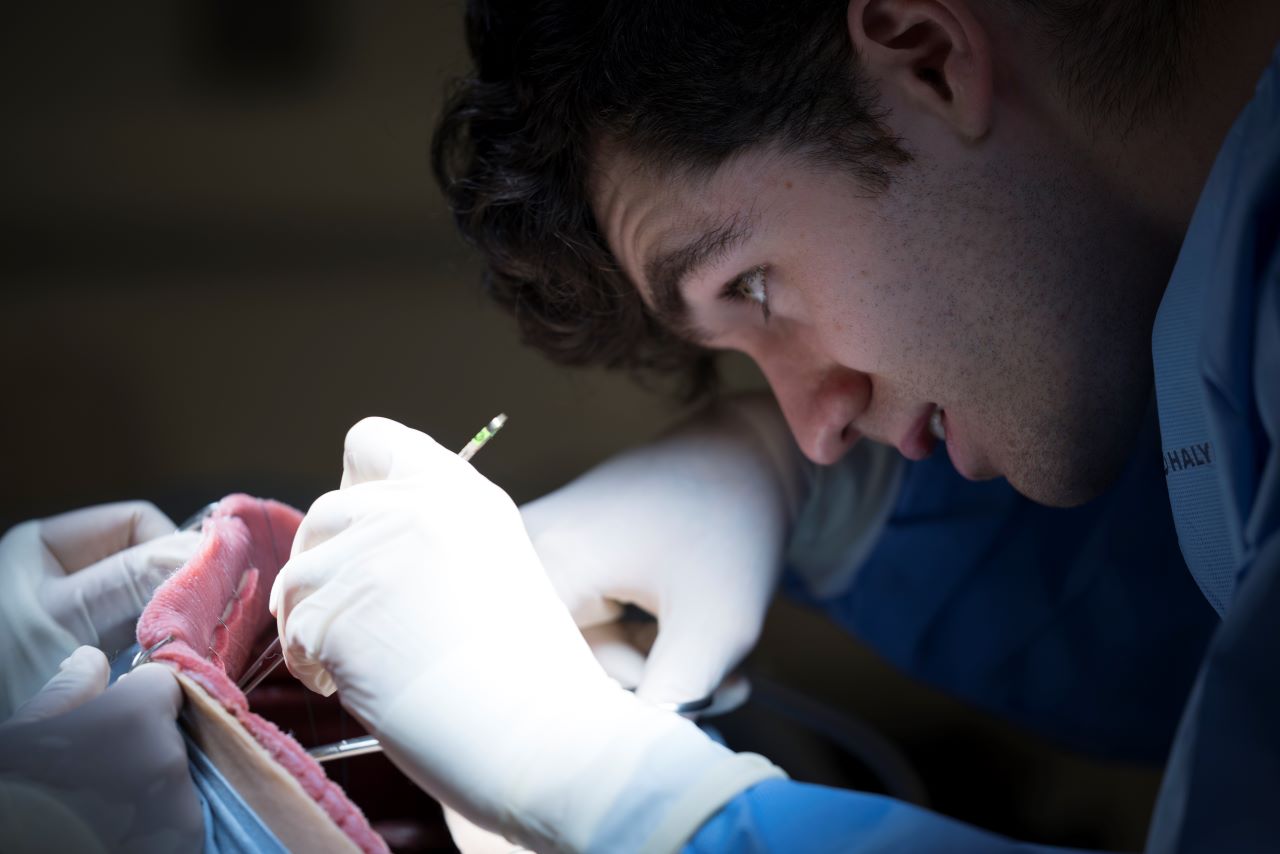 student practicing surgery on the syndaver