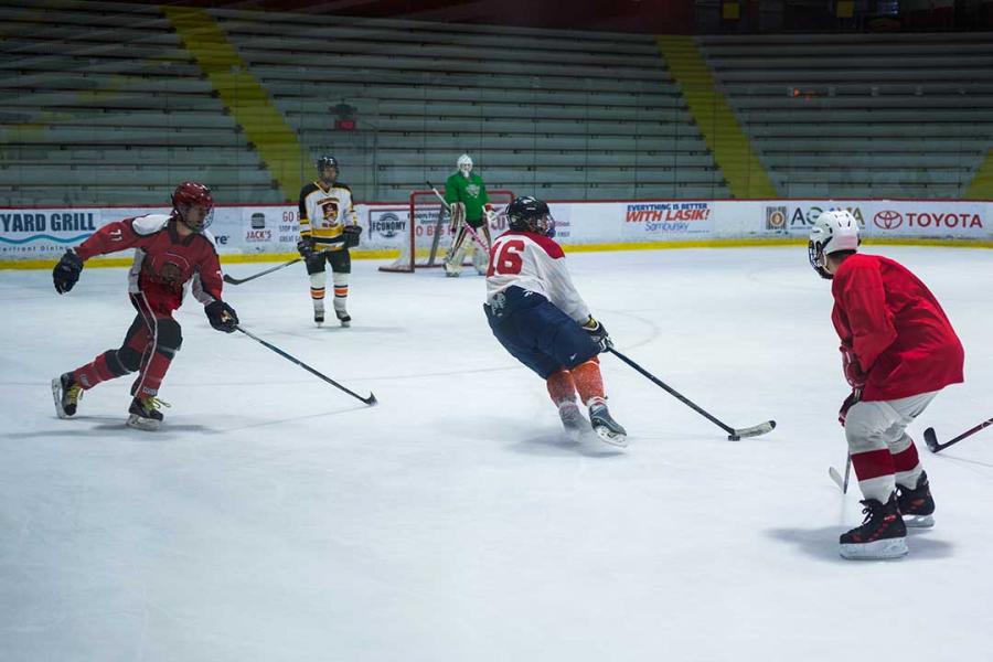 A wide shot of the hockey game