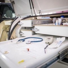 Ambulatory truck displaying supplies 