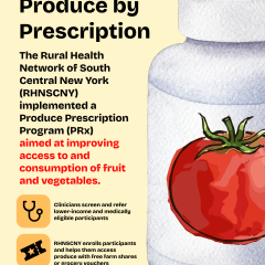 Graphic states: The Produce Prescription Program connects eligible patients with free farm shares or grocery vouchers through clinician referrals and the Rural Health Network of South Central New York. An illustrated tomato appears on a prescription bottle.