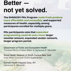 Graphic states, “Better, not yet solved.” The program improved produce affordability, accessibility, and health measures, particularly for longer-term participants. Suggested improvements include larger vouchers, more vendors, and longer program periods.