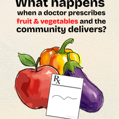 Graphic asks, “What happens when a doctor prescribes fruit and vegetables and the community delivers?” Illustrated produce surrounds a prescription slip marked Rx.