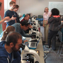 AQUAVET students looking through microscopes in the lab