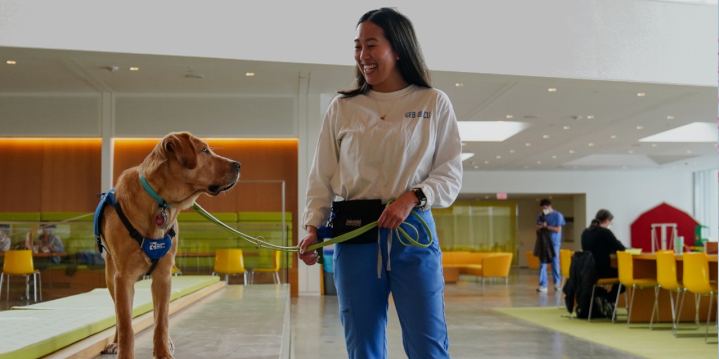 A student walking a guide dog