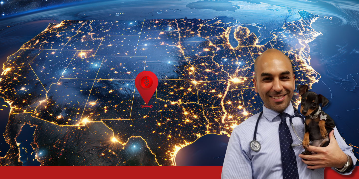 Map of America with a veterinarian in foreground 