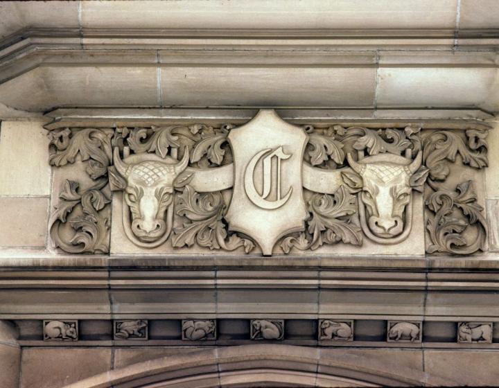 A bulls heads relief detail on Ives Hall from the original College of Veterinary Medicine.
