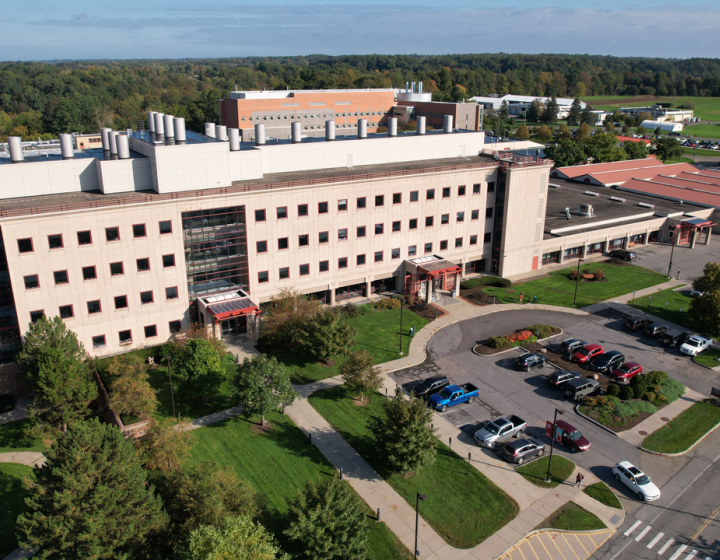 Drone snapshot of the front exterior of the Cornell University Hospital for Animals