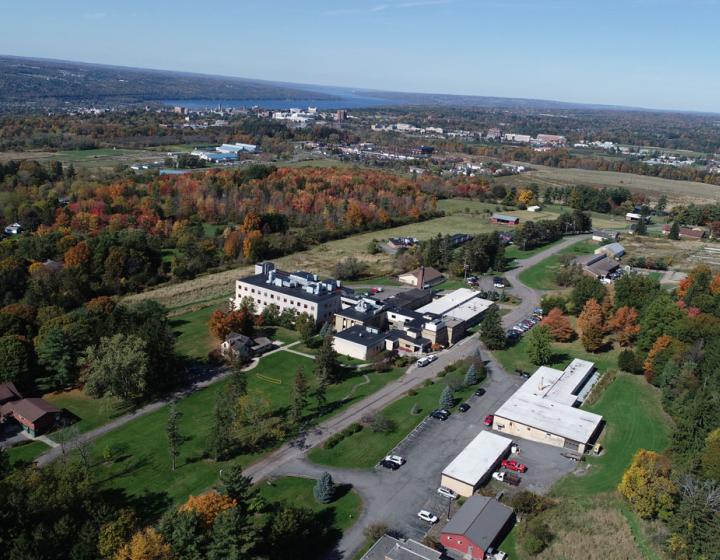 Aerial drone footage of the Baker Institute in fall 2019
