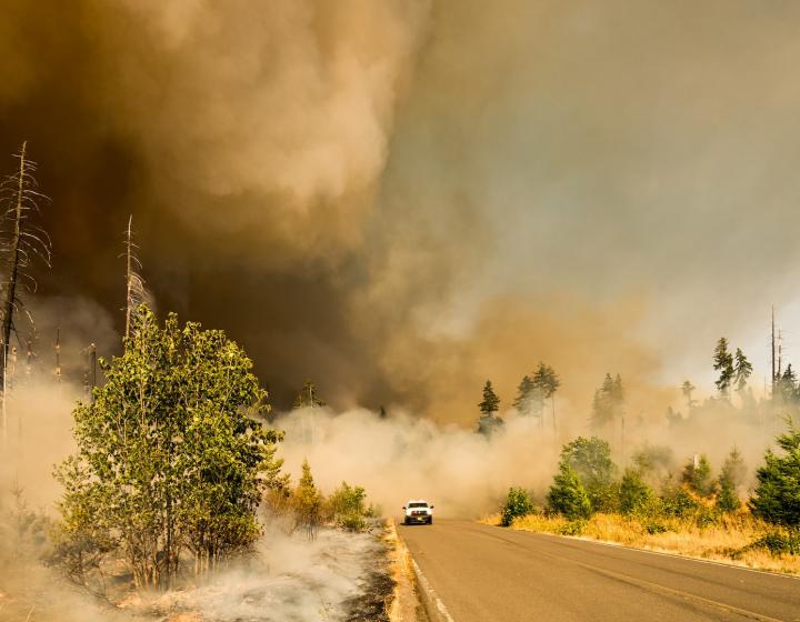 A car driving away from a smoke caused by a wildfire 