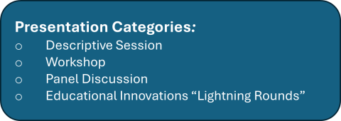 Presentation Categories: o	Descriptive Session o	Workshop o	Panel Discussion o	Educational Innovations “Lightning Rounds”