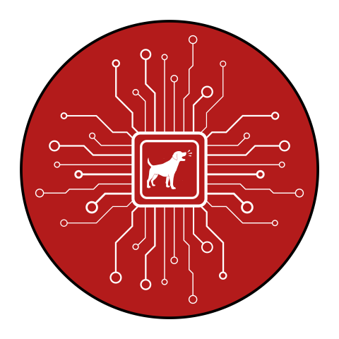 A red circle with AI components and a dog barking in the middle. 