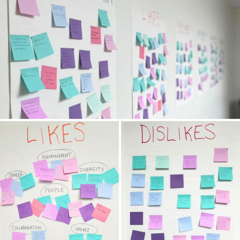 A collage of Post-it notes with likes, dislikes from the PMDS brainstorming meeting