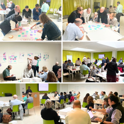 A collage with pictures of people at tables brainstorming during the department planning meeting