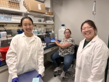 A lab photo featuring three women working at the Baker Institute. 