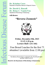 A flier featuring the infectious disease forum called Reverse Zoonosis.