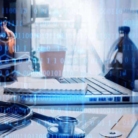 A composite image evoking research lab with binary data, chemicals, gloves, stethoscope