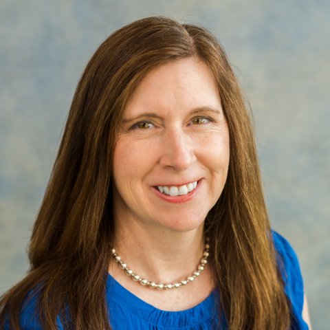 A woman with brown hair and a blue blouse against a gray background. 
