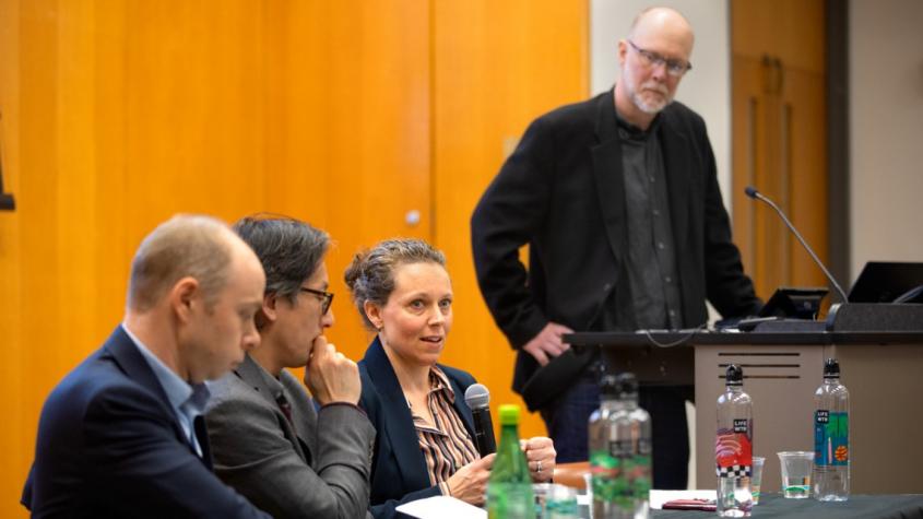 From left, Jeremy Wallace, associate professor of government; Derek Chang, associate professor of history; Gen Meredith, associate director of the Cornell Master of Public Health Program; and Allen Carlson, director of CAPS, at a panel discussion on the c